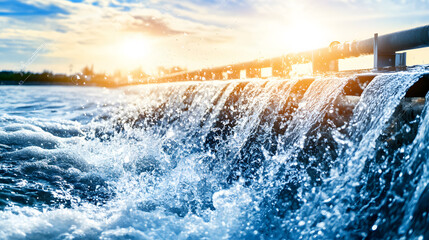 Poster - A beautiful sunset illuminates a cascading waterfall, creating a serene scene with sparkling water and a peaceful atmosphere