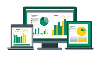 Poster - Three devices displaying various graphs and charts for data analysis.
