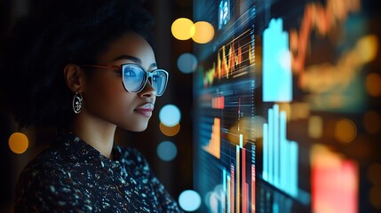 Poster - A focused woman analyzing data on a digital screen with graphs and statistics.