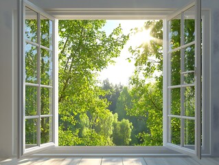 A glass window frame with two doors opening outward reveals the shining sun and green trees outside capturing a summer style