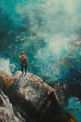 Wall Mural - Woman standing on the edge of a rock, gazing out at the ocean