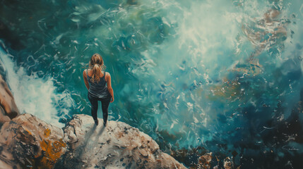 Wall Mural - Woman standing on the edge of a rock, gazing out at the ocean