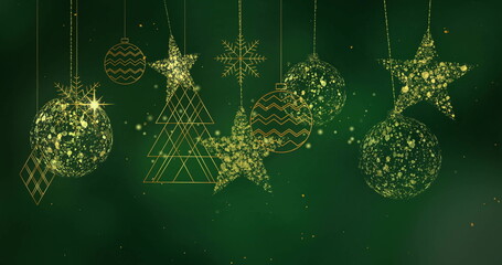 Wall Mural - image of christmas decorations and snow falling on green background