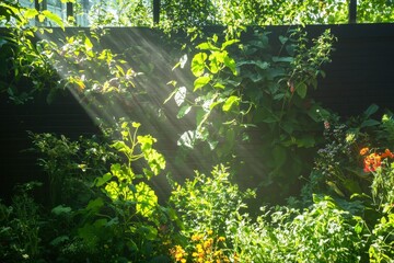 Canvas Print - Sunlight Streaming Through Lush Green Foliage in a Serene Garden Setting