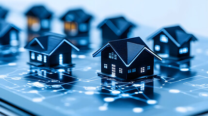 Aufkleber - A digital representation of houses connected by a network, symbolizing smart homes and technology in real estate