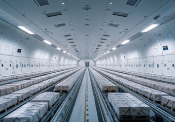 Poster - Spacious and Modern Cargo Hold of a Freight Airplane with Neatly Stacked Pallets and Cargo on a Bright and Clear Day
