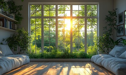 A glass window frame with two doors opening outward reveals the shining sun and green trees outside capturing a summer style