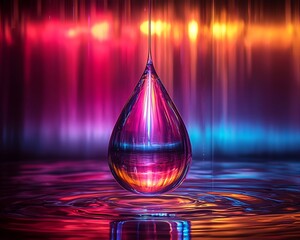 Wall Mural - Vibrant Glowing Water Drop Suspended in Mid air Against Dark Background