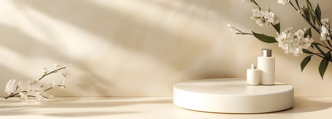 Fototapete - Round white podium with a smooth, glossy finish, illuminated from above, placed against a soft beige background with ample space for products.