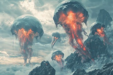 glowing jellyfish creatures hover over volcanic mountains