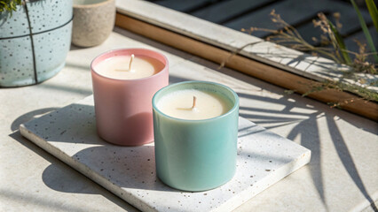 serene scene featuring two colorful candles, one pink and one green, placed on speckled stone tray. natural light enhances calming atmosphere, perfect for relaxation