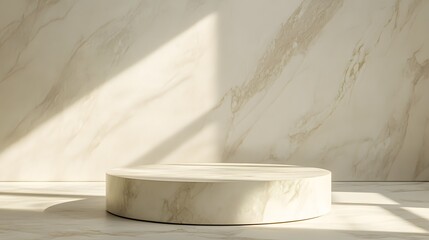 Fototapete - Luxurious marble podium with soft lighting, casting subtle shadows, against a plain light-colored background.