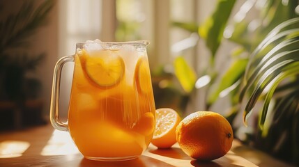 Wall Mural - Refreshing Iced Lemonade in Sunlit Kitchen with Fresh Oranges