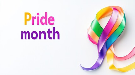 Wall Mural - Pride Day-themed rainbow ribbon on a white background with the text 