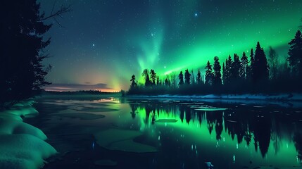 Wall Mural - A serene night landscape featuring the northern lights reflecting on a calm river surrounded by trees.