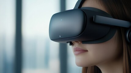 Poster - Young woman experiencing virtual reality with sleek VR headset, showcasing modern technology and immersive entertainment in a contemporary setting