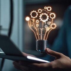 Poster - A Creative Concept of Innovation Represented by a Light Bulb Surrounded by Gear Icons, Symbolizing Ideas, Technology, and Business Growth in a Modern Workspace