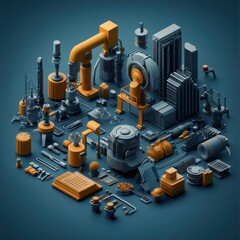 Poster - Abstract Composition of Industrial Equipment and Machinery in Vibrant Yellow and Grey Colors for Manufacturing and Engineering Applications