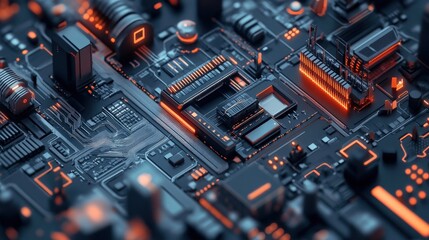 Poster - Futuristic Circuit Board with Glowing Orange Accents and Complex Structure Showcasing Modern Technology and Digital Innovation in High-Resolution Detail