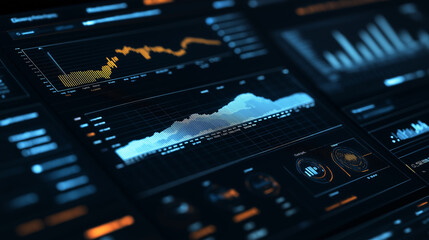 Poster - Corporate analytics dashboard-style infographic with bar charts, line graphs, and numerical KPIs showcasing monthly performance metrics.