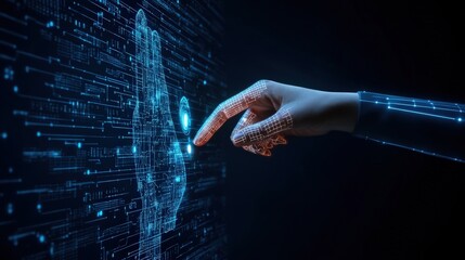Poster - Futuristic Interaction Between Human Hand and Digital Interface Representing Technology, AI, and Touch in Cybernetic Environment