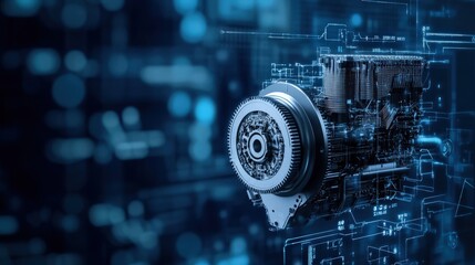 Poster - High-Tech Engine Rendering with Digital Circuit Board Background, Illustrating Advanced Engineering Concepts and Modern Technology in a Futuristic Setting