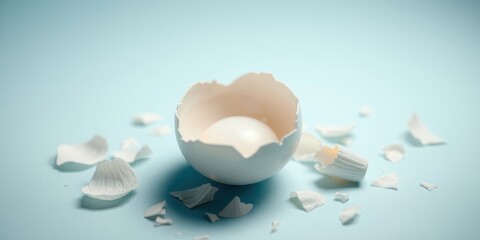 a broken eggshell on a light blue surface with pieces of eggshell scattered around it