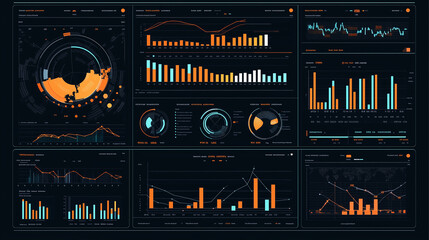 Poster - Corporate analytics dashboard-style infographic with bar charts, line graphs, and numerical KPIs showcasing monthly performance metrics.