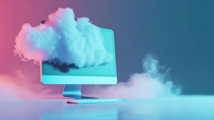 Wall Mural - A modern computer with a cloud above it, symbolizing technology and digital innovation.