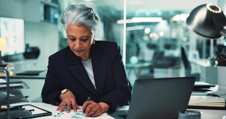 Aufkleber - Writing, typing and mature woman at laptop for business plan, growth or development in risk management. Research, notes and consultant with online report, review or data analysis at financial agency