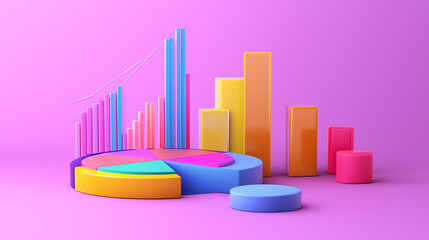 Poster - Infographic featuring a vibrant 3D pie chart displaying market share percentages, alongside colorful bar graphs illustrating annual sales growth trends.