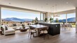 © Turab - The interior of a new, luxurious home with an open concept floor plan features a lovely living area. displays the dining area, kitchen, and window wall with a stunning view outsid