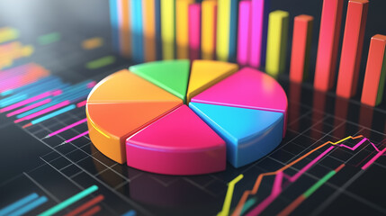 Poster - Infographic featuring a vibrant 3D pie chart displaying market share percentages, alongside colorful bar graphs illustrating annual sales growth trends.