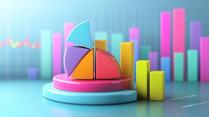 Poster - Infographic featuring a vibrant 3D pie chart displaying market share percentages, alongside colorful bar graphs illustrating annual sales growth trends.