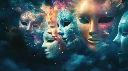 Poster - Ethereal masks floating in a cosmic haze, symbolizing identity, transformation, and the mysteries of the universe with mesmerizing colors and intricate details
