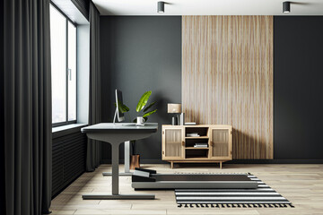 Aufkleber - Modern workspace with treadmill, wooden cabinet, and computer desk in a stylish interior with black walls and natural light. 3D Rendering