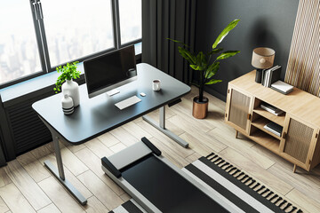 Aufkleber - Modern home office with sleek desk, computer setup, treadmill, wooden furniture, and green plants in a bright space with a city view. 3D Rendering