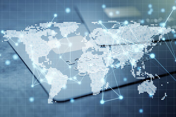 Poster - Digital map overlay with glowing connections on blurred background.