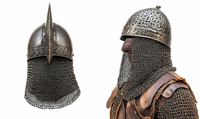 A medieval helmet with chainmail, showcasing historical armor design.