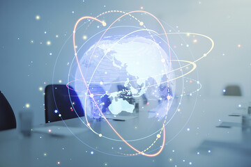 Poster - Digital globe and light trails over office table background.