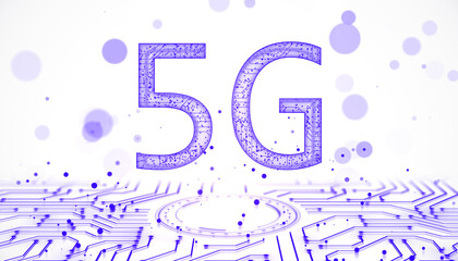 Aufkleber - 5G digital concept with circuit board design and floating particles in a purple and white theme. 3D Rendering