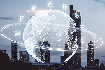 Poster - Digital globe with currency symbols and city skyline in the background.