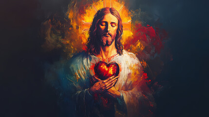 Wall Mural - Oil painting artistic image of sacred heart of jesus christ. generative ai. Sacred. Illustration