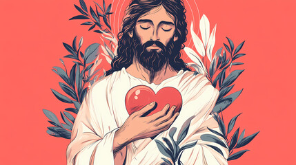 Wall Mural - Jesus holding a heart. Sacred. Illustration