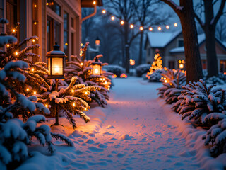 Wall Mural - enchanting winter pathway illuminated by soft lights and snowy decor, photography of seasonal concep