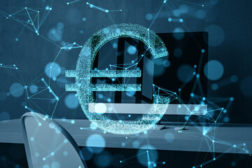 Poster - Digital Euro currency symbol with virtual network connections in office workspace.
