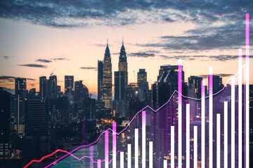 Poster - Financial market growth chart overlay on urban skyline during evening time.