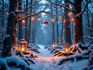 Wall Mural - enchanting winter forest with lanterns and ornaments illuminating a snowy path, photography of lands