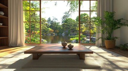 Canvas Print - Serene Japanese Garden View From Minimalist Room