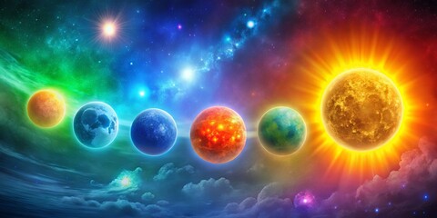 Wall Mural - a vibrant cosmic scene featuring a radiant star and five diverse planets in a spectacular celestial 